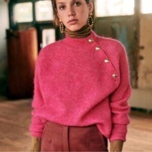 Sezane Fuschia Pink Sweater Mohair Merino Wool Button Detail XS Made in Italy